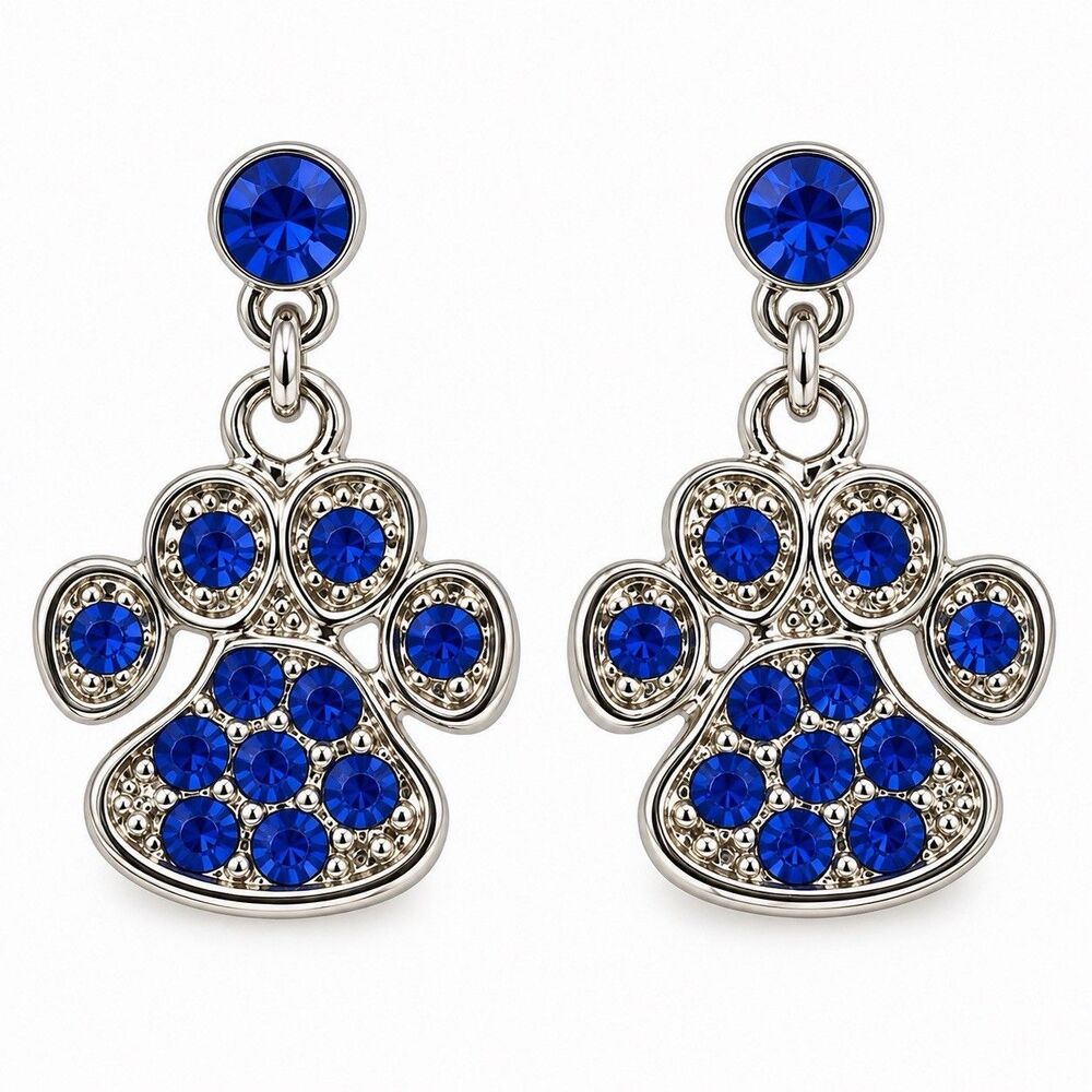 Blue Paw Print Earrings Rhinestone Crystal Silver Tone Dangle 1 Inch